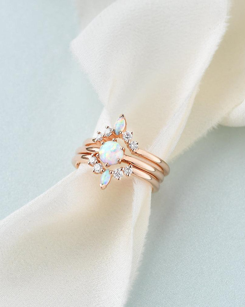 Lab Opal & Moissanite Vintage Inspired Ring Set 3pcs - Felicegals