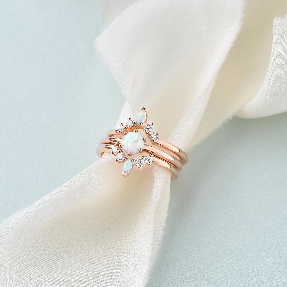Lab Opal & Moissanite Vintage Inspired Ring Set 3pcs - Felicegals