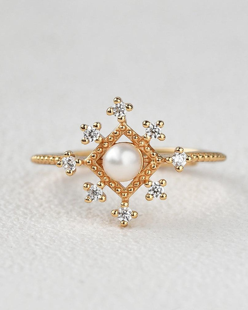 Akoya Pearl Vintage Inspired Yellow Gold Ring - Felicegals 丨Wedding ring 丨Fashion ring 丨Diamond ring 丨Gemstone ring--Felicegals