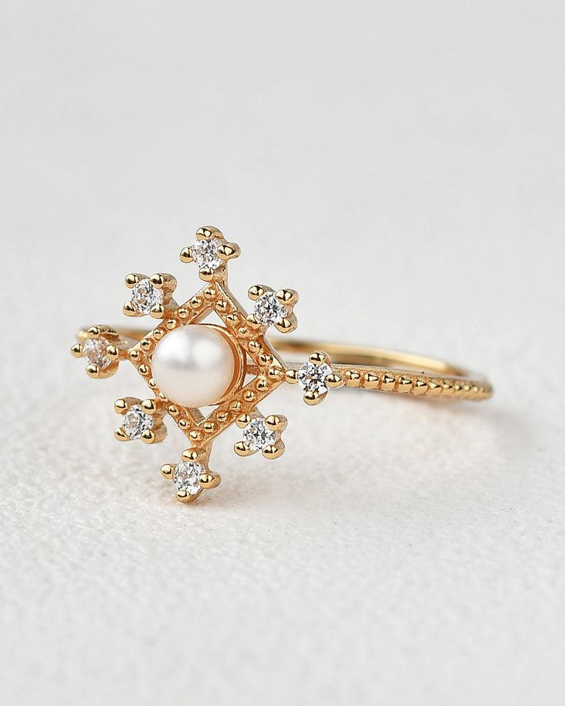 Akoya Pearl Vintage Inspired Yellow Gold Ring - Felicegals 丨Wedding ring 丨Fashion ring 丨Diamond ring 丨Gemstone ring--Felicegals