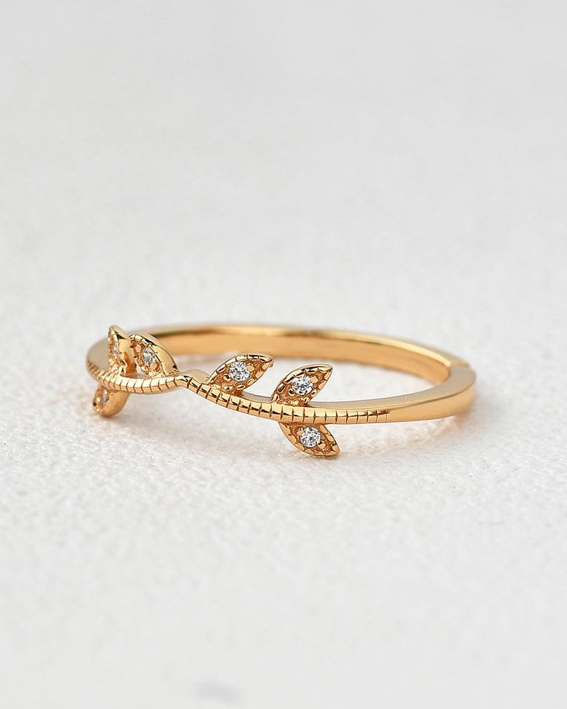 Vine Leaf Moissanite Yellow Gold Wedding Band - Felicegals 丨Wedding ring 丨Fashion ring 丨Diamond ring 丨Gemstone ring--Felicegals