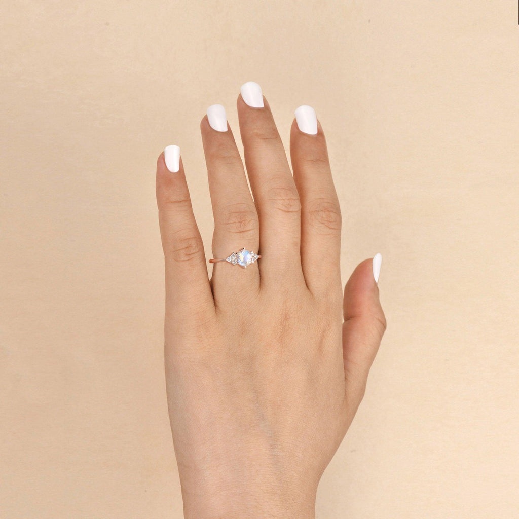 Blue Moonstone & Moissanite Rose Gold Ring - Felicegals 丨Wedding ring 丨Fashion ring 丨Diamond ring 丨Gemstone ring