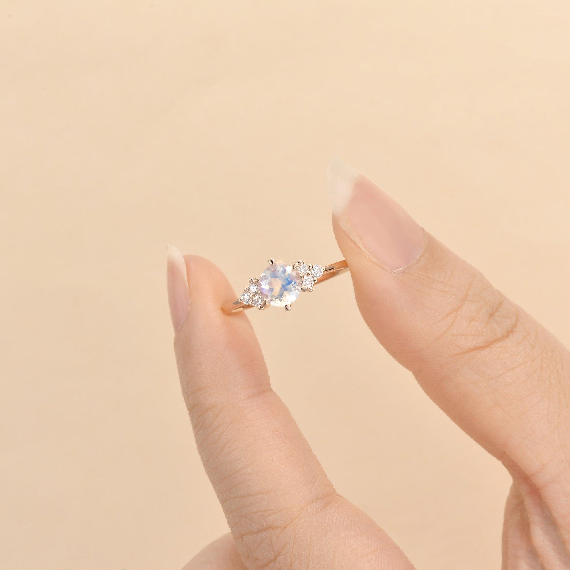 Blue Moonstone & Moissanite Rose Gold Ring - Felicegals 丨Wedding ring 丨Fashion ring 丨Diamond ring 丨Gemstone ring