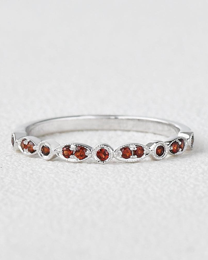 Milgrain Garnet White Gold Weeding Band - Felicegals