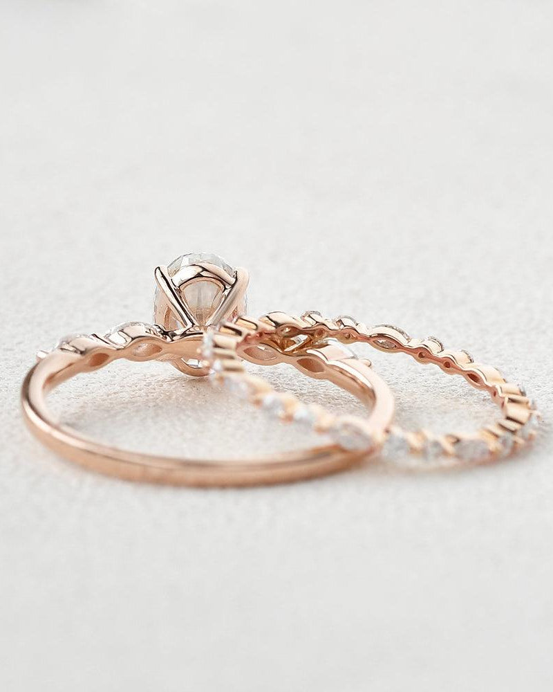 1.5ct Oval Cut Moissanite Vintage Inspired Rose Gold Ring Set 2pcs - Felicegals 丨Wedding ring 丨Fashion ring 丨Diamond ring 丨Gemstone ring--Felicegals 丨Wedding ring 丨Fashion ring 丨Diamond ring 丨Gemstone ring