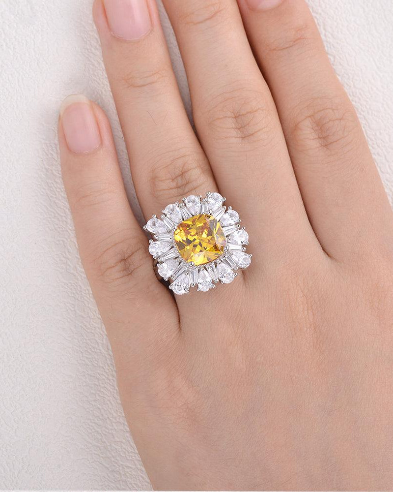 Yellow Moissanite Inspired White Gold Ring - Felicegals