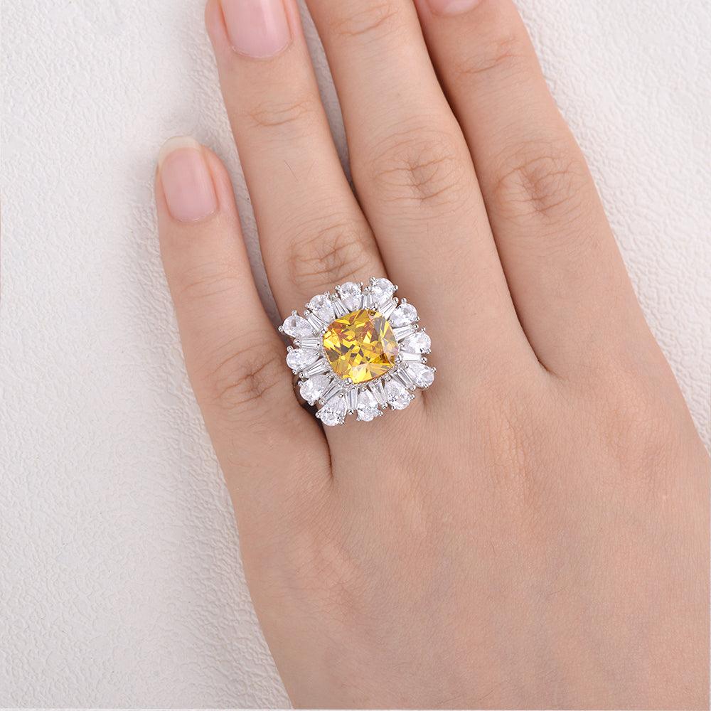 Yellow Moissanite Inspired White Gold Ring - Felicegals
