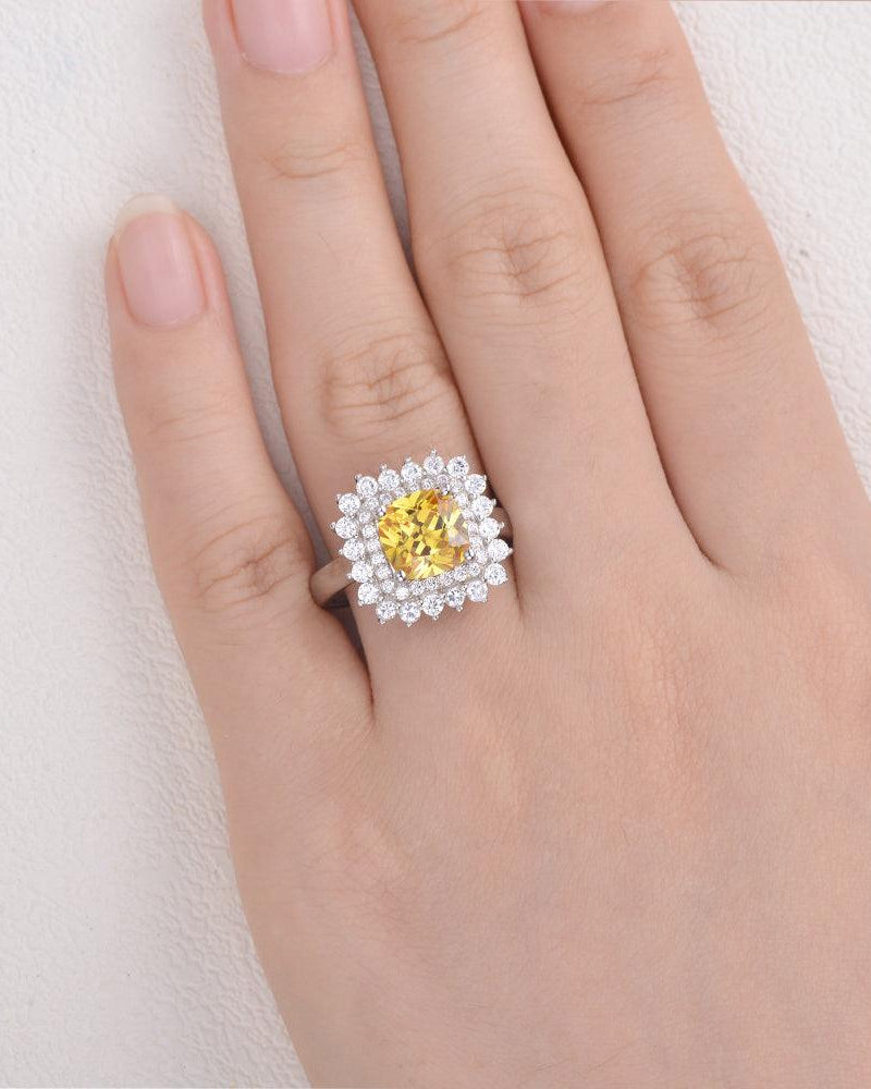 8mm Yellow Moissanite Inspired Halo Ring - Felicegals