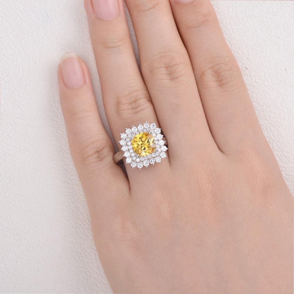 8mm Yellow Moissanite Inspired Halo Ring - Felicegals