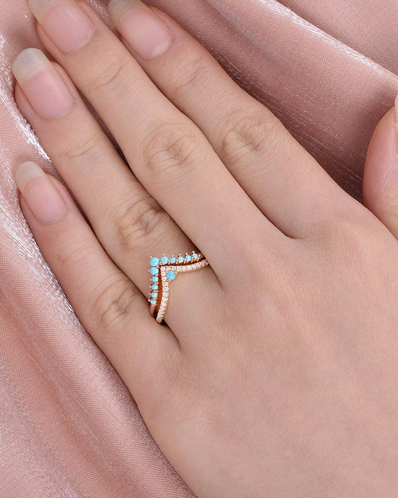 Turquoise & Moissanite Chevron Rose Gold Wedding Band Sets 2pcs - Felicegals 丨Wedding ring 丨Fashion ring 丨Diamond ring 丨Gemstone ring--Felicegals