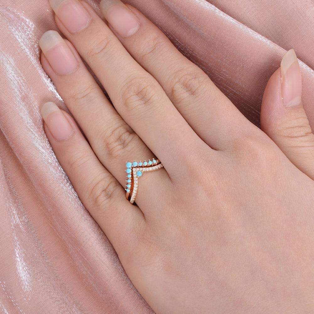 Turquoise & Moissanite Chevron Rose Gold Wedding Band Sets 2pcs - Felicegals 丨Wedding ring 丨Fashion ring 丨Diamond ring 丨Gemstone ring--Felicegals