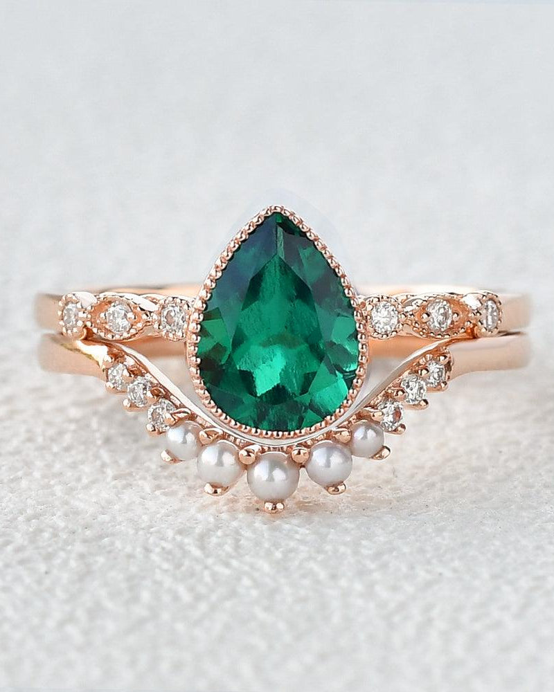 Lab Emerald & Nature Pearl Ring Set 2pcs - Felicegals