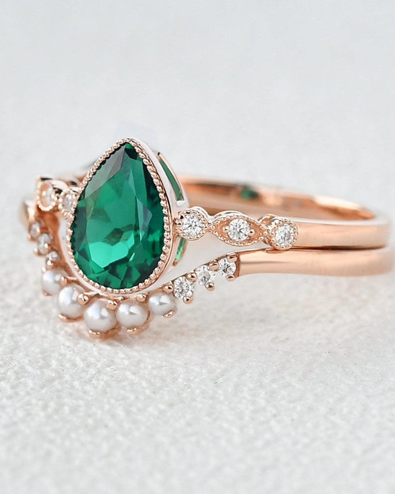Lab Emerald & Nature Pearl Ring Set 2pcs - Felicegals