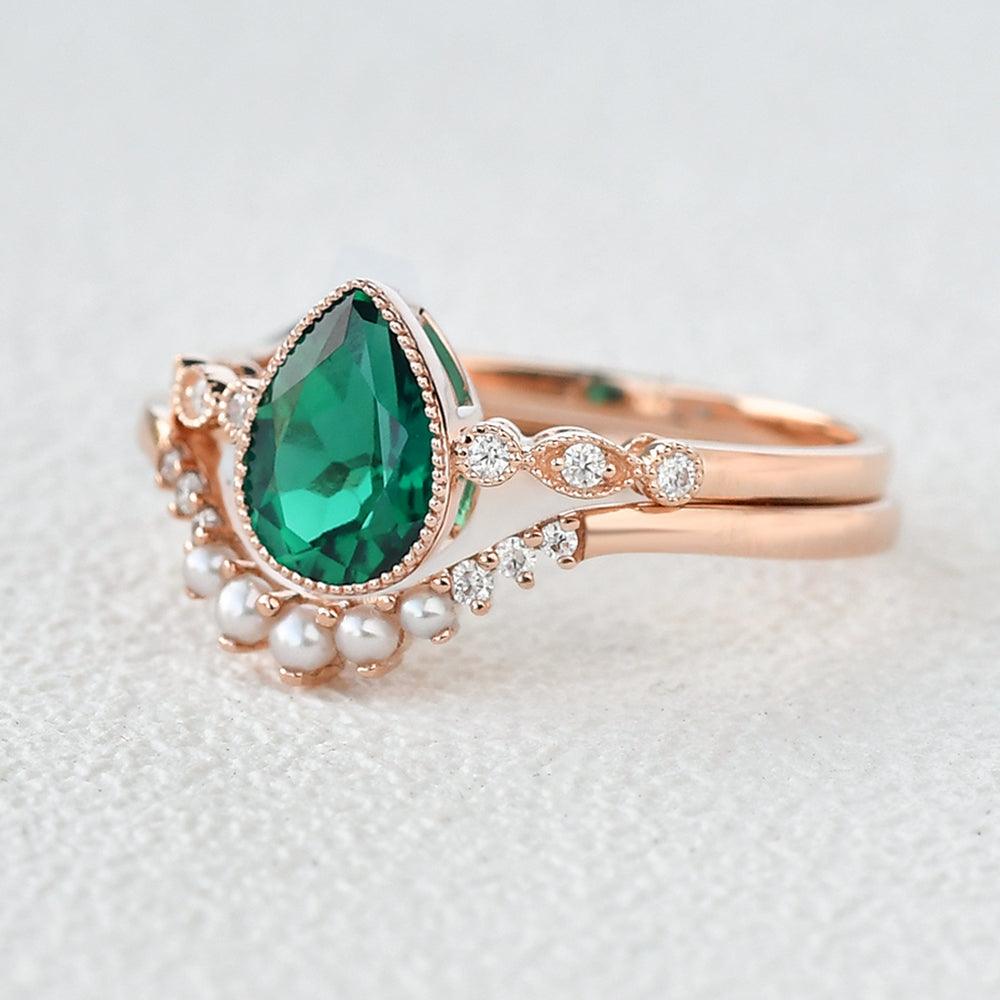 Lab Emerald & Nature Pearl Ring Set 2pcs - Felicegals