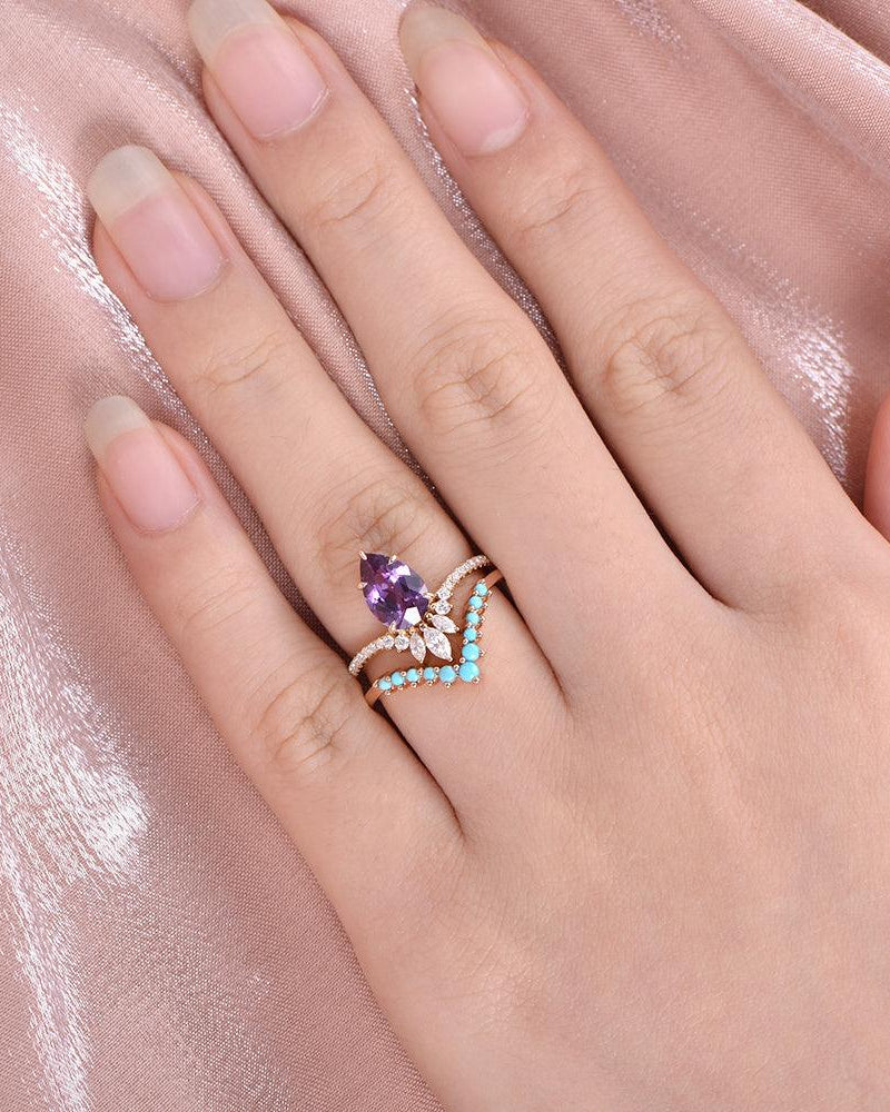 Alexandrite & Moissanite & Turquoise Yellow Gold Ring Set 2pcs - Felicegals 丨Wedding ring 丨Fashion ring 丨Diamond ring 丨Gemstone ring--Felicegals