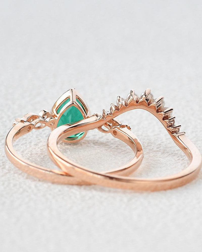 Lab Emerald & Nature Pearl Ring Set 2pcs - Felicegals