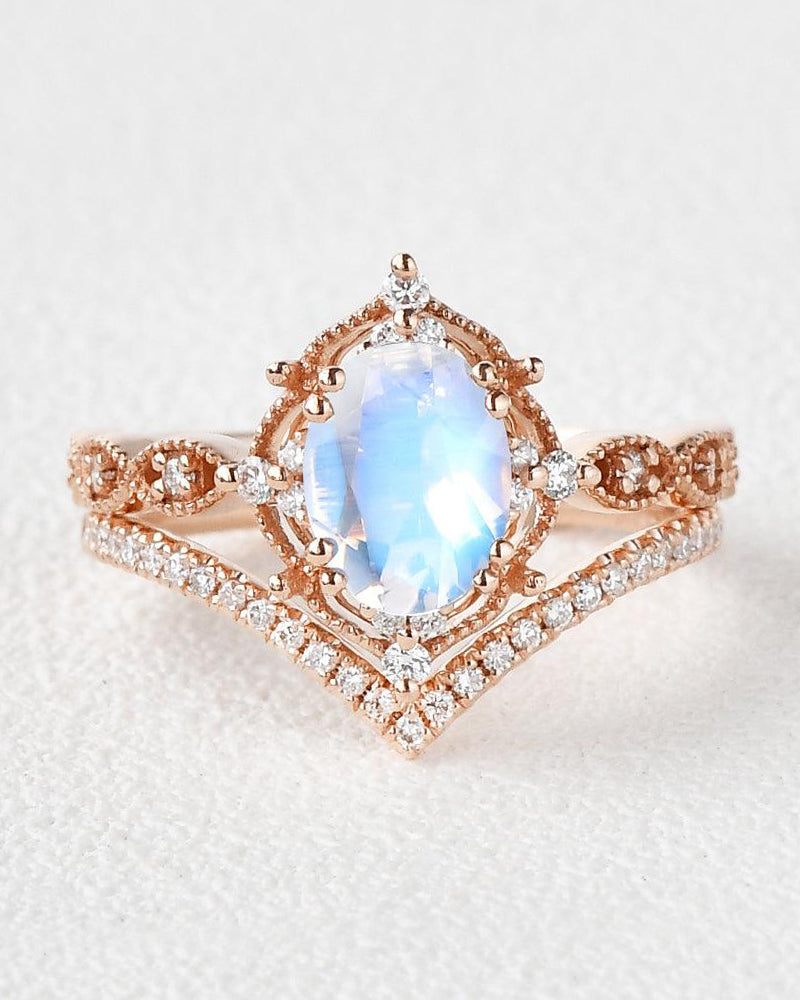 1.5ct Signature Vintage Moonstone Ring Set 2pcs - Felicegals 丨Wedding ring 丨Fashion ring 丨Diamond ring 丨Gemstone ring