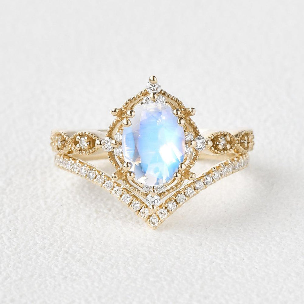 1.5ct Signature Vintage Moonstone Ring Set 2pcs - Felicegals 丨Wedding ring 丨Fashion ring 丨Diamond ring 丨Gemstone ring