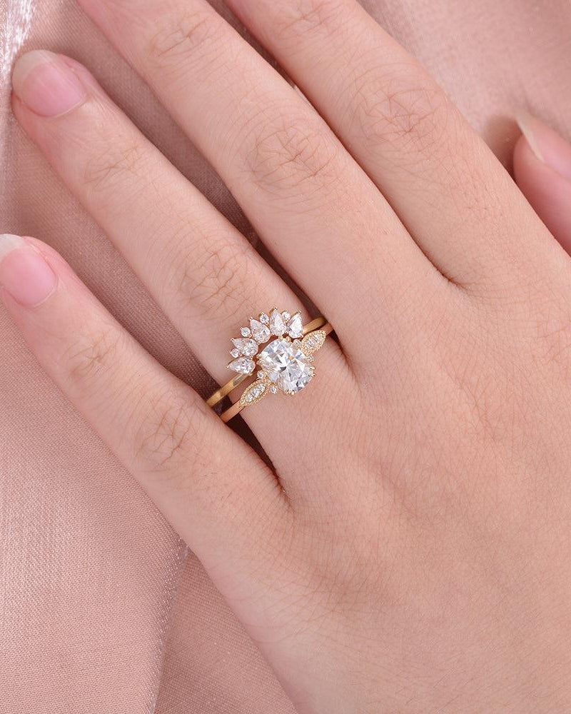 Felicegals 2ct Oval Cut Moissanite Vintage Ring Set 2pcs - Felicegals 丨Wedding ring 丨Fashion ring 丨Diamond ring 丨Gemstone ring-Jewelry-Felicegals 丨Wedding ring 丨Fashion ring 丨Diamond ring 丨Gemstone ring