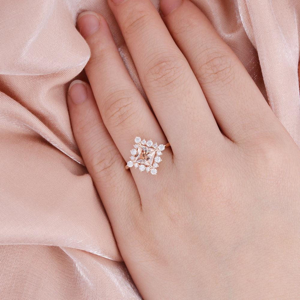 Princess Cut Morganite Rose Gold Ring - Felicegals 丨Wedding ring 丨Fashion ring 丨Diamond ring 丨Gemstone ring-Jewelry-Felicegals