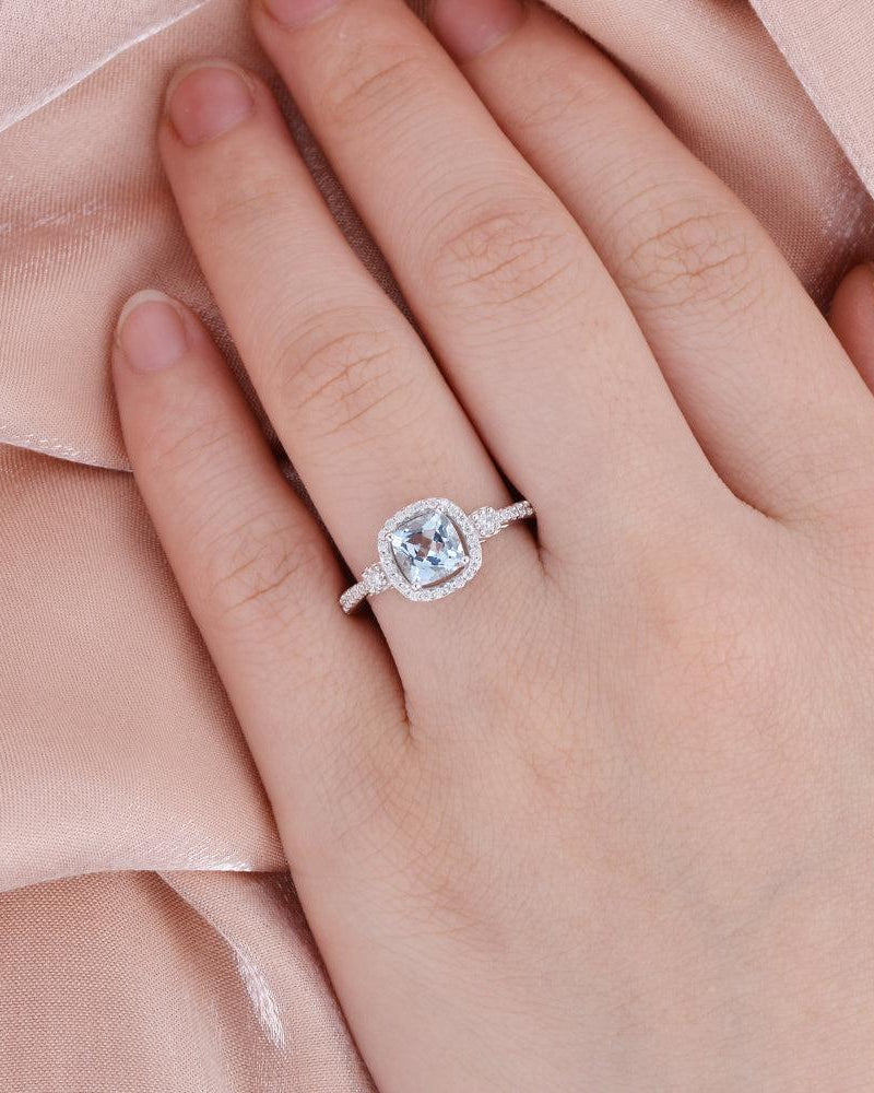 Cushion Cut Aquamarine White Gold Ring - Felicegals 丨Wedding ring 丨Fashion ring 丨Diamond ring 丨Gemstone ring-Jewelry-Felicegals