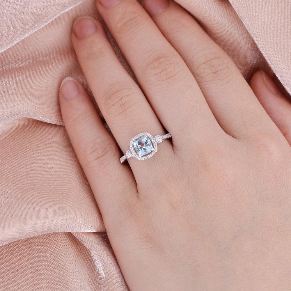 Cushion Cut Aquamarine White Gold Ring - Felicegals 丨Wedding ring 丨Fashion ring 丨Diamond ring 丨Gemstone ring-Jewelry-Felicegals