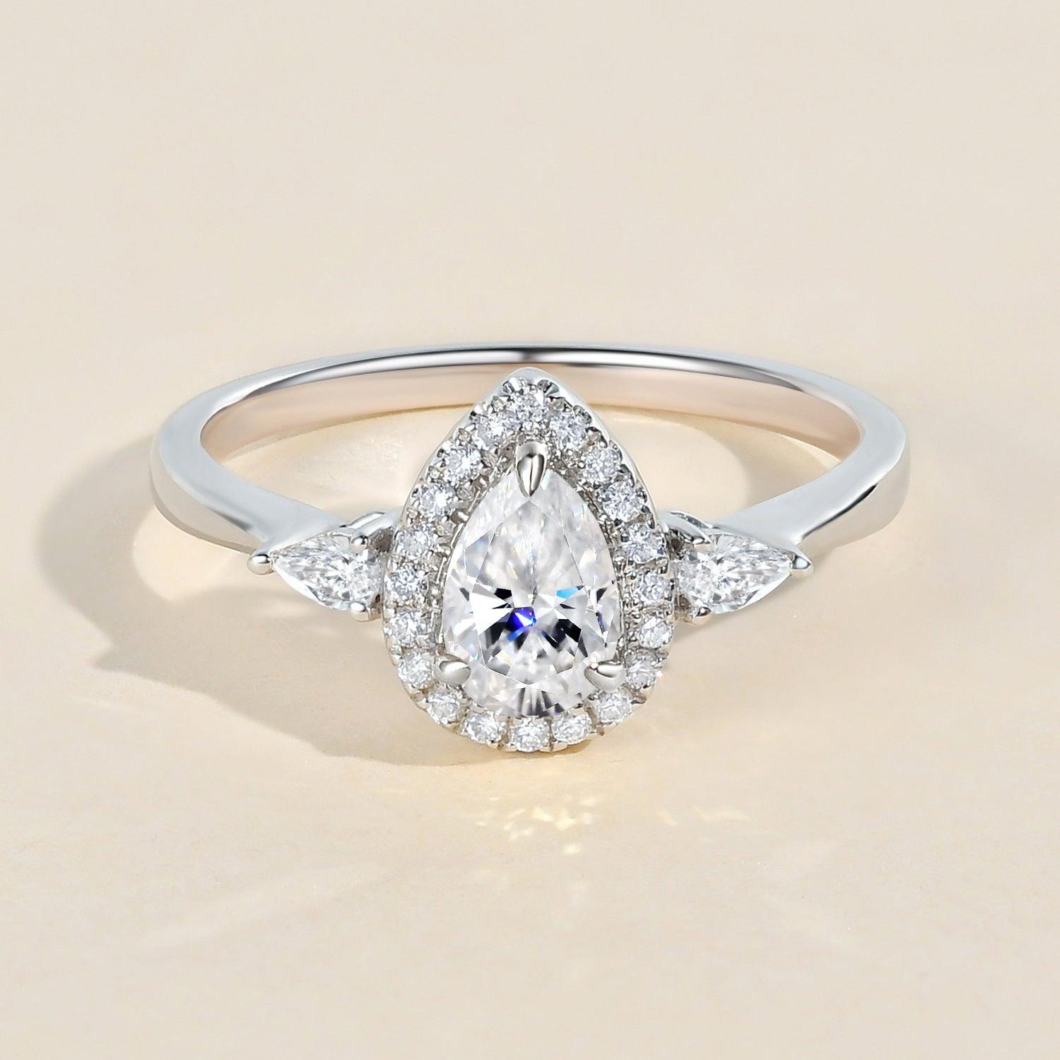 1.0ct Pear Shaped Moissanite Three-Stone Halo Ring - Felicegals 丨Wedding ring 丨Fashion ring 丨Diamond ring 丨Gemstone ring