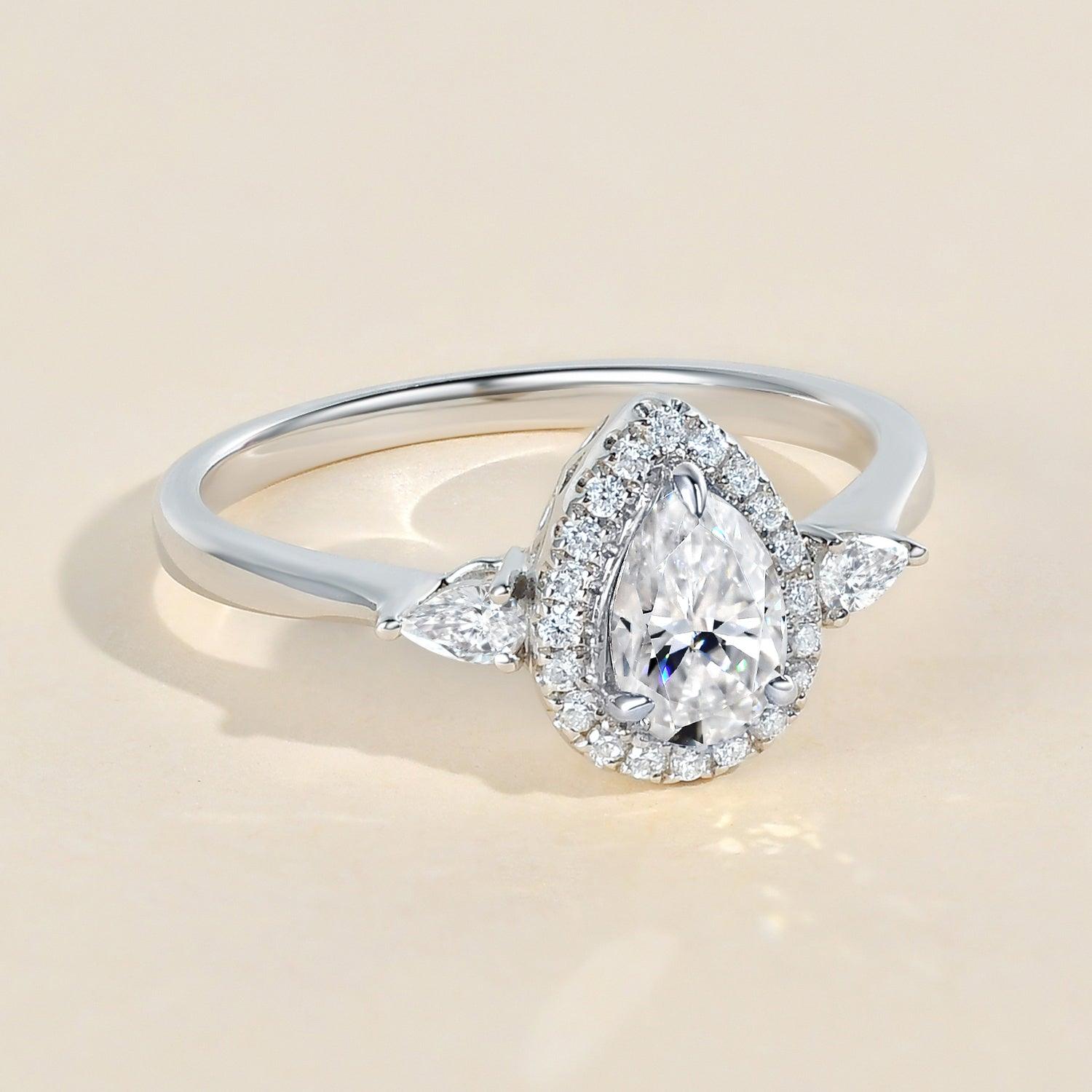 1.0ct Pear Shaped Moissanite Three-Stone Halo Ring - Felicegals 丨Wedding ring 丨Fashion ring 丨Diamond ring 丨Gemstone ring