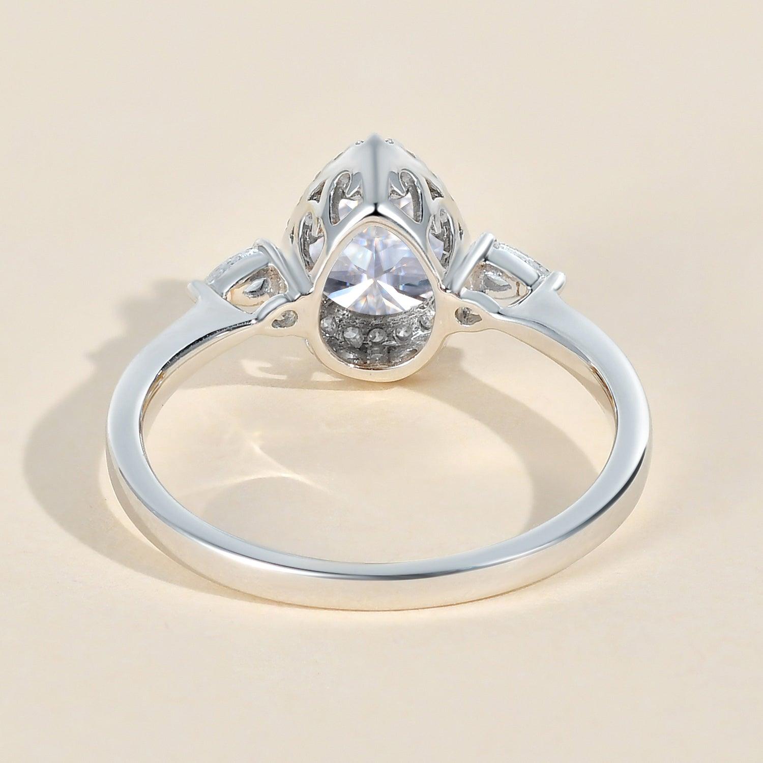 1.0ct Pear Shaped Moissanite Three-Stone Halo Ring - Felicegals 丨Wedding ring 丨Fashion ring 丨Diamond ring 丨Gemstone ring