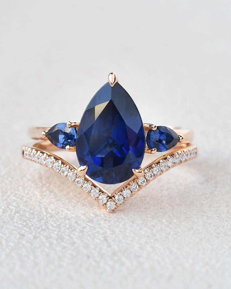 Felicegals Pear Shaped Sapphire Three-stone Ring Set 2pcs - Felicegals 丨Wedding ring 丨Fashion ring 丨Diamond ring 丨Gemstone ring-Jewelry-Felicegals 丨Wedding ring 丨Fashion ring 丨Diamond ring 丨Gemstone ring