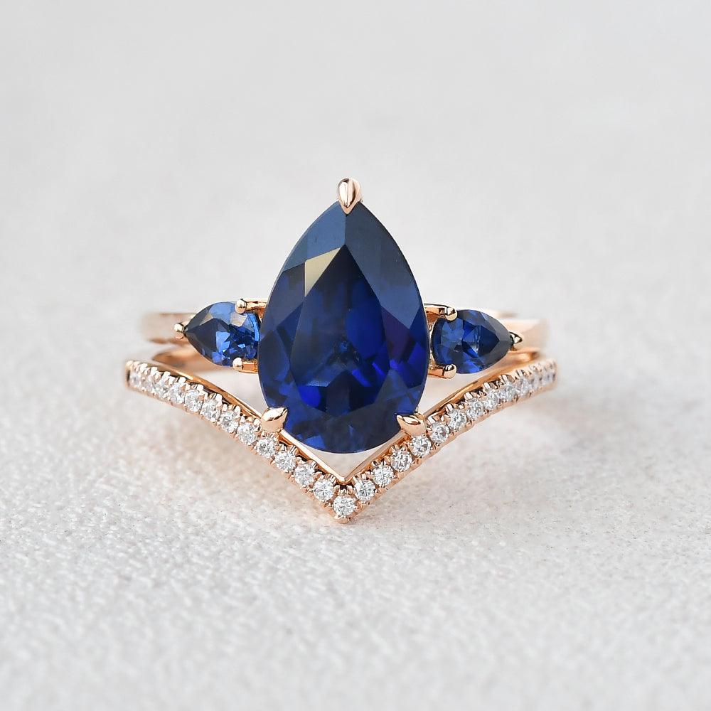 Felicegals Pear Shaped Sapphire Three-stone Ring Set 2pcs - Felicegals 丨Wedding ring 丨Fashion ring 丨Diamond ring 丨Gemstone ring-Jewelry-Felicegals 丨Wedding ring 丨Fashion ring 丨Diamond ring 丨Gemstone ring