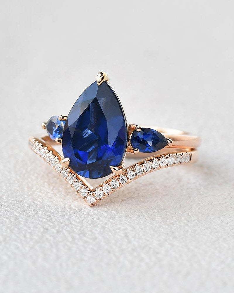 Felicegals Pear Shaped Sapphire Three-stone Ring Set 2pcs - Felicegals 丨Wedding ring 丨Fashion ring 丨Diamond ring 丨Gemstone ring-Jewelry-Felicegals 丨Wedding ring 丨Fashion ring 丨Diamond ring 丨Gemstone ring