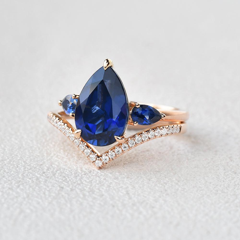 Felicegals Pear Shaped Sapphire Three-stone Ring Set 2pcs - Felicegals 丨Wedding ring 丨Fashion ring 丨Diamond ring 丨Gemstone ring-Jewelry-Felicegals 丨Wedding ring 丨Fashion ring 丨Diamond ring 丨Gemstone ring