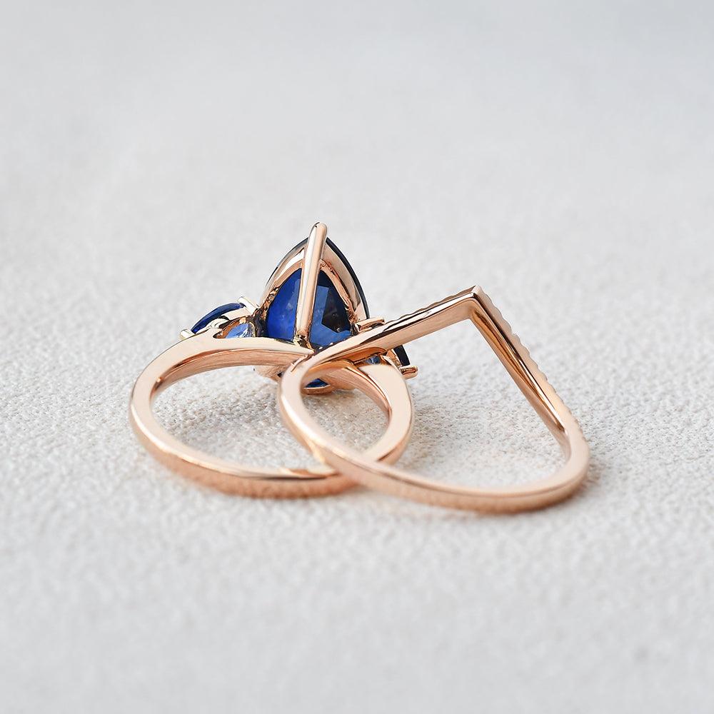 Felicegals Pear Shaped Sapphire Three-stone Ring Set 2pcs - Felicegals 丨Wedding ring 丨Fashion ring 丨Diamond ring 丨Gemstone ring-Jewelry-Felicegals 丨Wedding ring 丨Fashion ring 丨Diamond ring 丨Gemstone ring