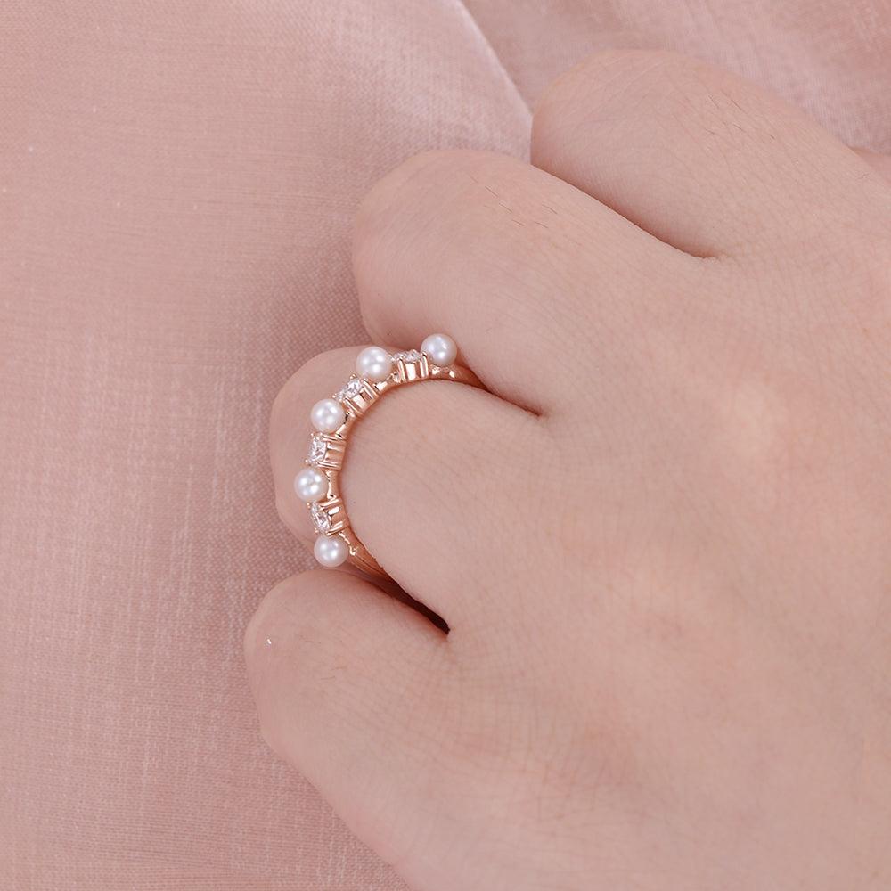 Minimalist Natural Pearl & Moissanite Ring - Felicegals 丨Wedding ring 丨Fashion ring 丨Diamond ring 丨Gemstone ring--Felicegals