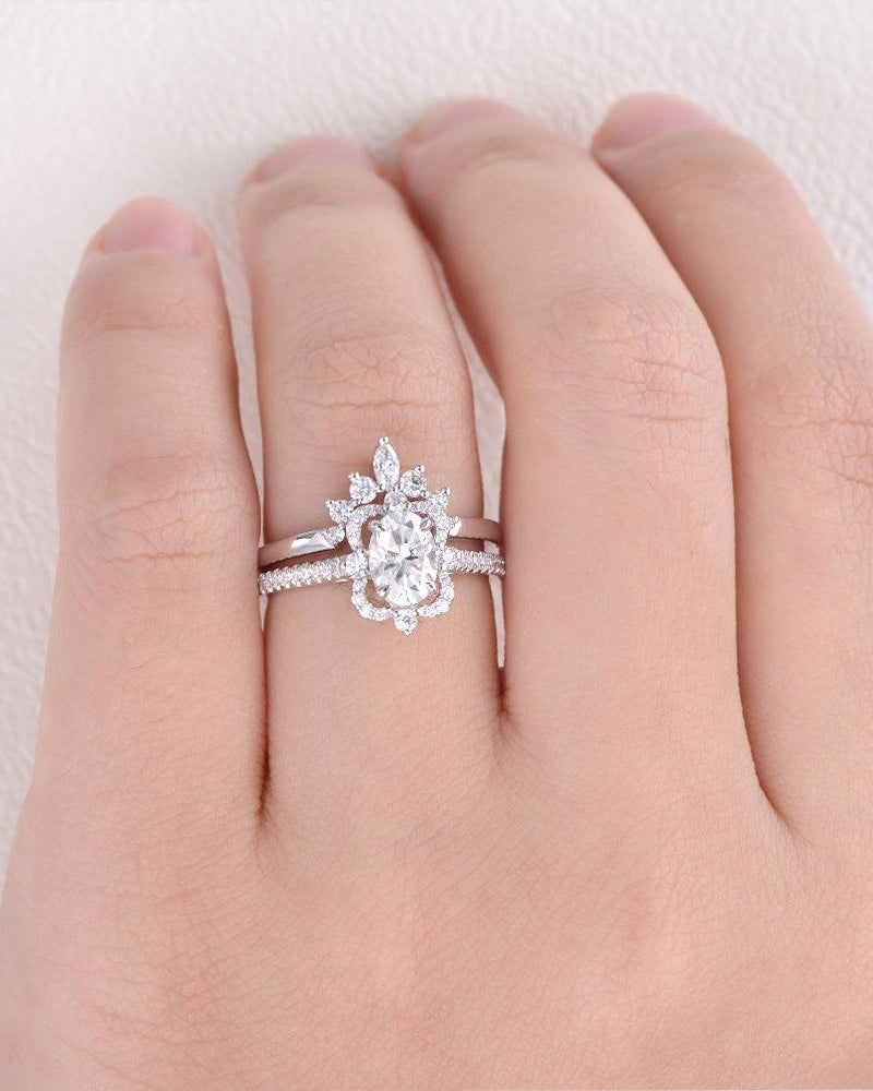 Art Deco 1ct Oval Moissanite Ring Set 2pcs - Felicegals