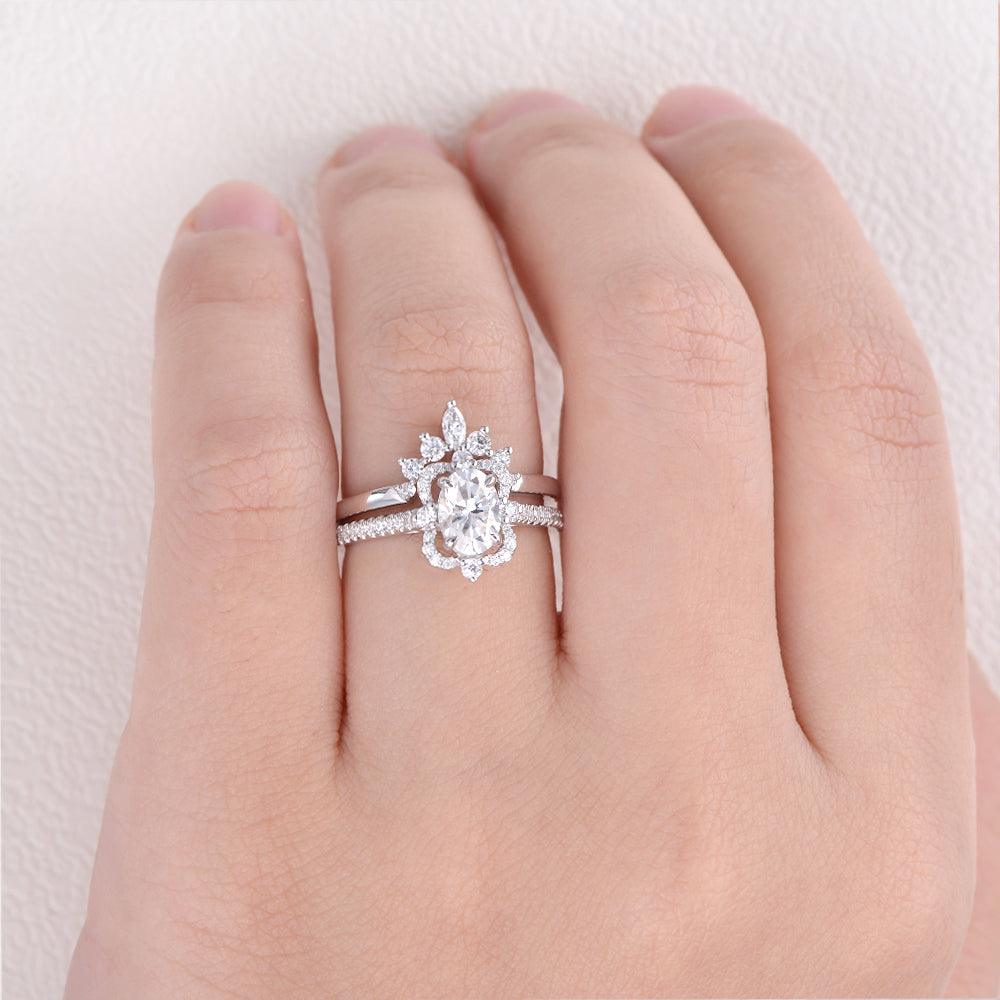 Art Deco 1ct Oval Moissanite Ring Set 2pcs - Felicegals