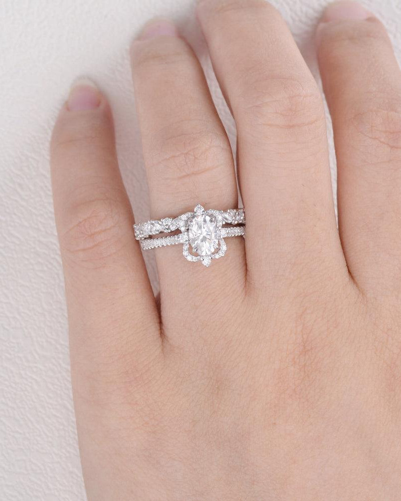 Oval Moissanite White Gold Antique Ring Set 2pcs - Felicegals