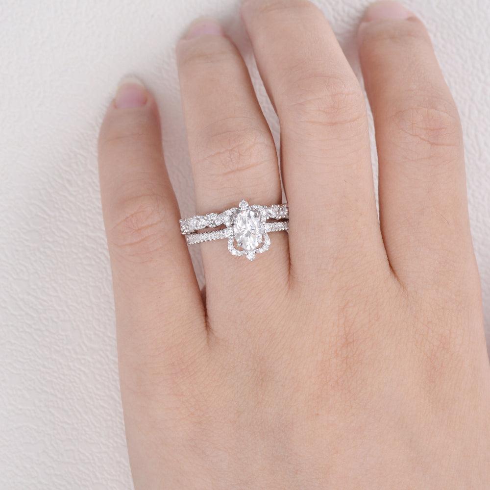 Oval Moissanite White Gold Antique Ring Set 2pcs - Felicegals