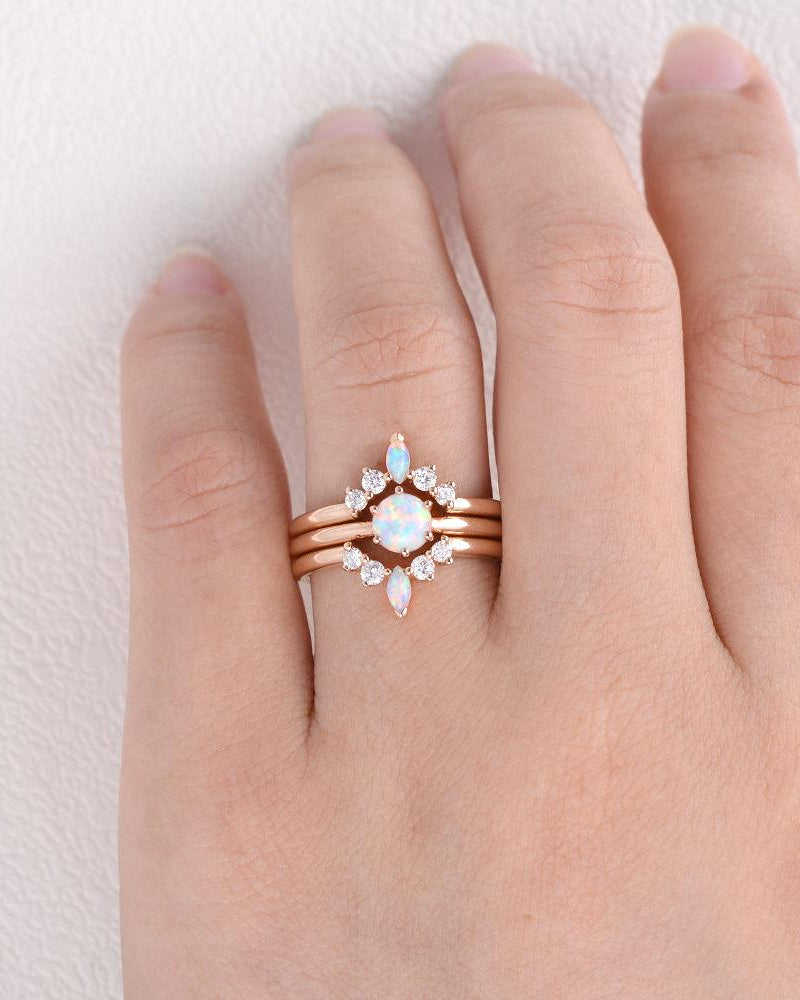 Lab Opal & Moissanite Vintage Inspired Ring Set 3pcs - Felicegals