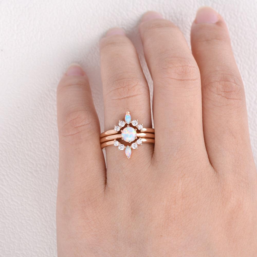 Lab Opal & Moissanite Vintage Inspired Ring Set 3pcs - Felicegals