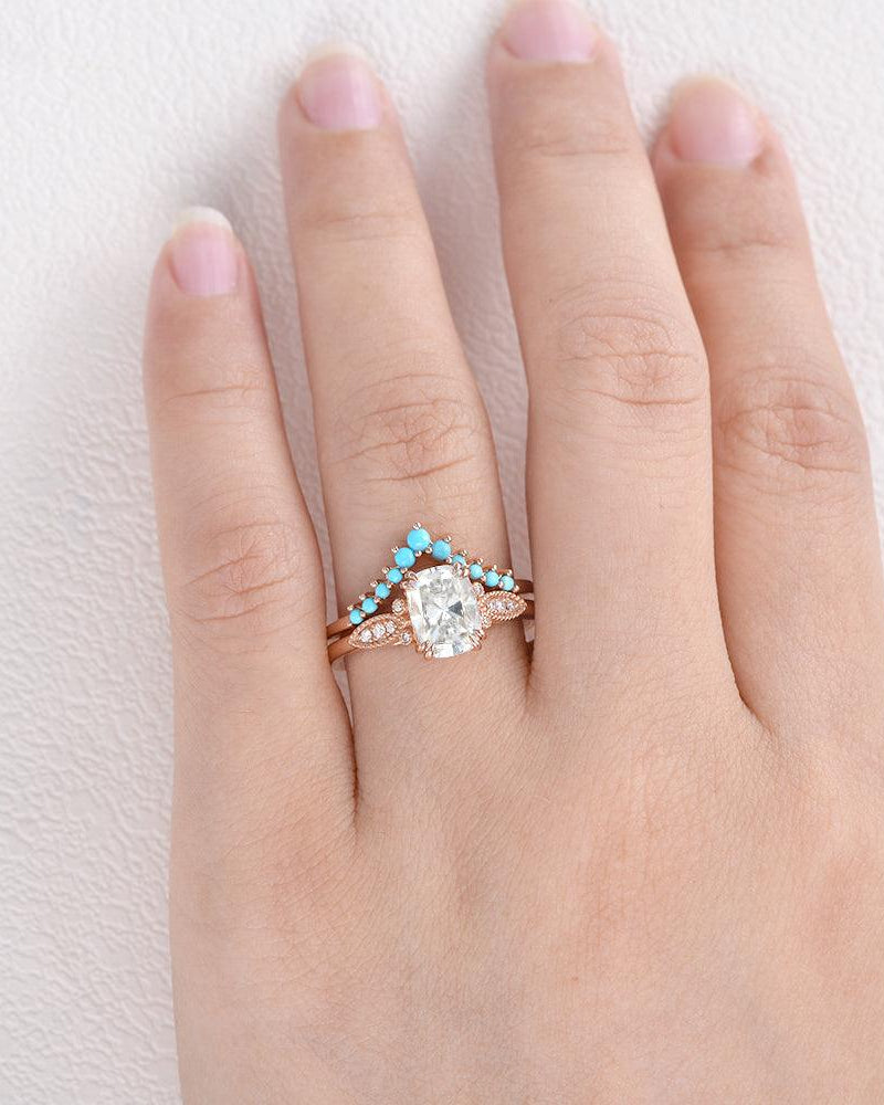 Moissanite & Turquoise Vintage Inspired Ring Set 2pcs - Felicegals