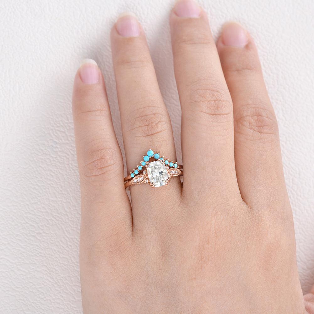 Moissanite & Turquoise Vintage Inspired Ring Set 2pcs - Felicegals