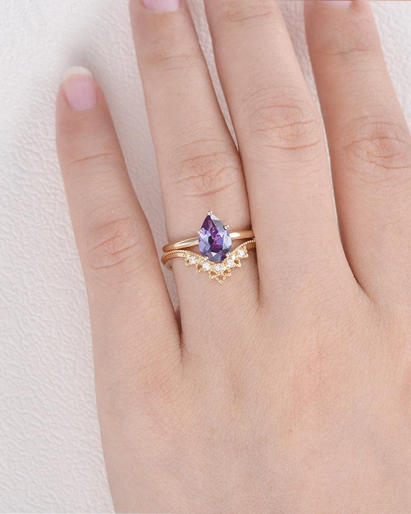 Alexandrite & Moissanite Chevron Ring Set 2pcs - Felicegals