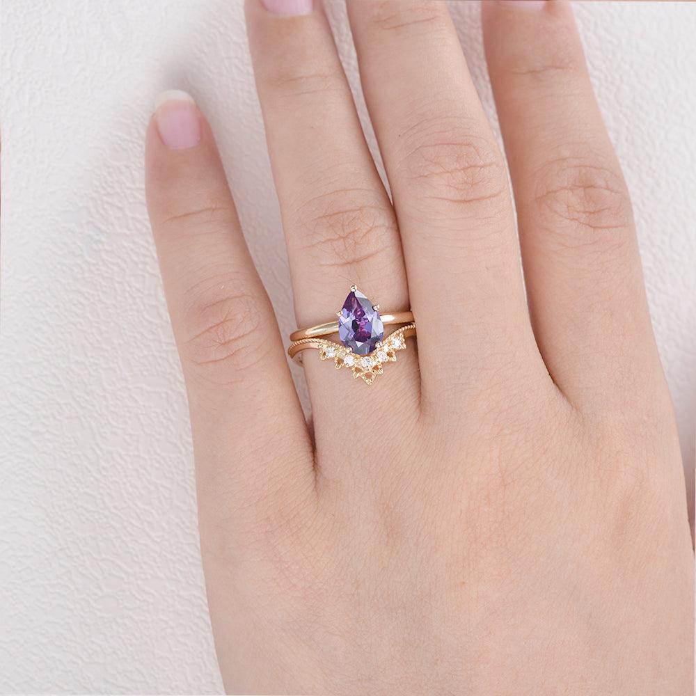 Alexandrite & Moissanite Chevron Ring Set 2pcs - Felicegals