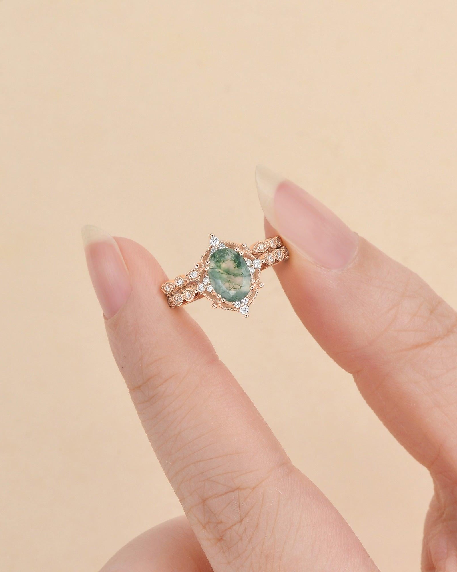 1.5ct Oval Cut Moss Agate Signature Vintage Ring Set 2pcs - Felicegals 丨Wedding ring 丨Fashion ring 丨Diamond ring 丨Gemstone ring