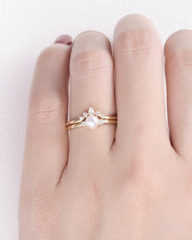 Akoya Pearl & Moissanite Yellow Gold Ring Set 2pcs - Felicegals