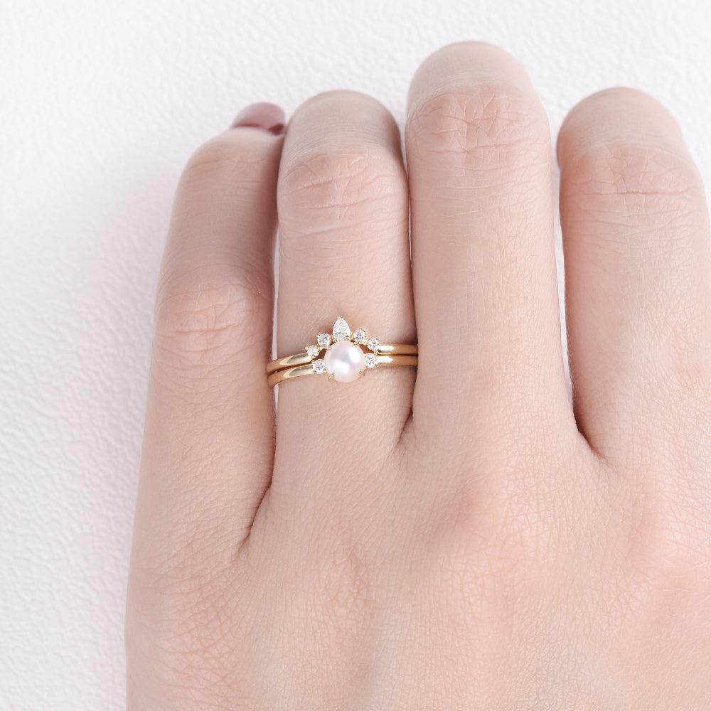 Akoya Pearl & Moissanite Yellow Gold Ring Set 2pcs - Felicegals
