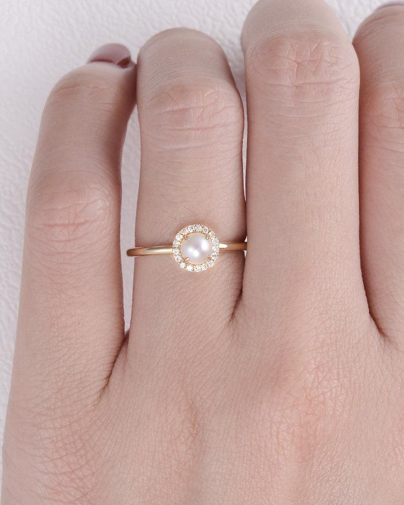 Pearl & Moissanite Yellow Gold Ring - Felicegals