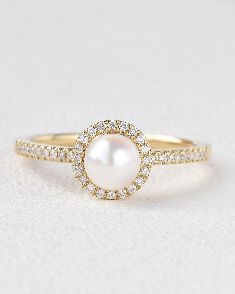 Pearl & Moissanite Yellow Gold Ring - Felicegals